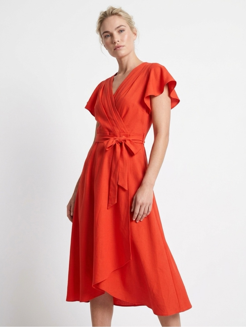 DKNY Red Wrap High-Low Dress with Flutter Sleeves